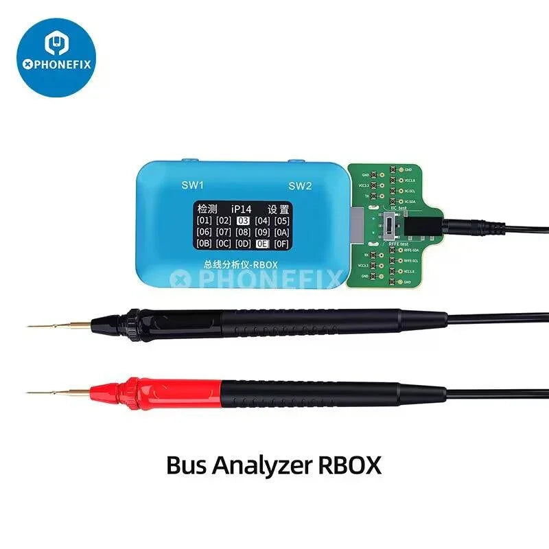 Analyseur de bus PhoneFix JC-ID RBOX pour la détection et la réparation des défauts du signal téléphonique, affichant l'appareil avec écran de diagnostic et ports.