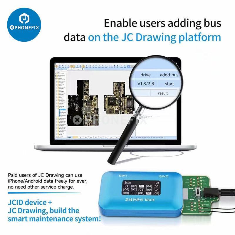 Analyseur de bus PhoneFIX JC-ID RBOX pour la détection et la réparation des défauts du signal téléphonique, comprenant un programmateur de téléphone compact.