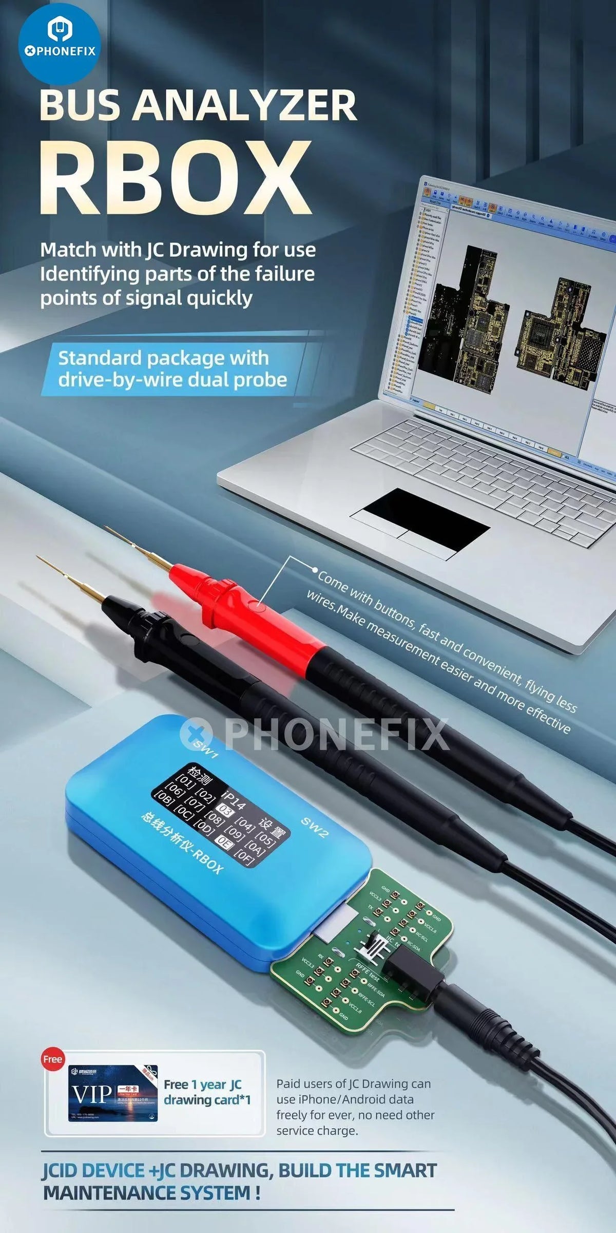 PHONEFIX JC-ID RBOX Analyseur de bus&nbsp;: programmateur téléphonique pour la détection et la réparation des défauts de signal sur les appareils mobiles.