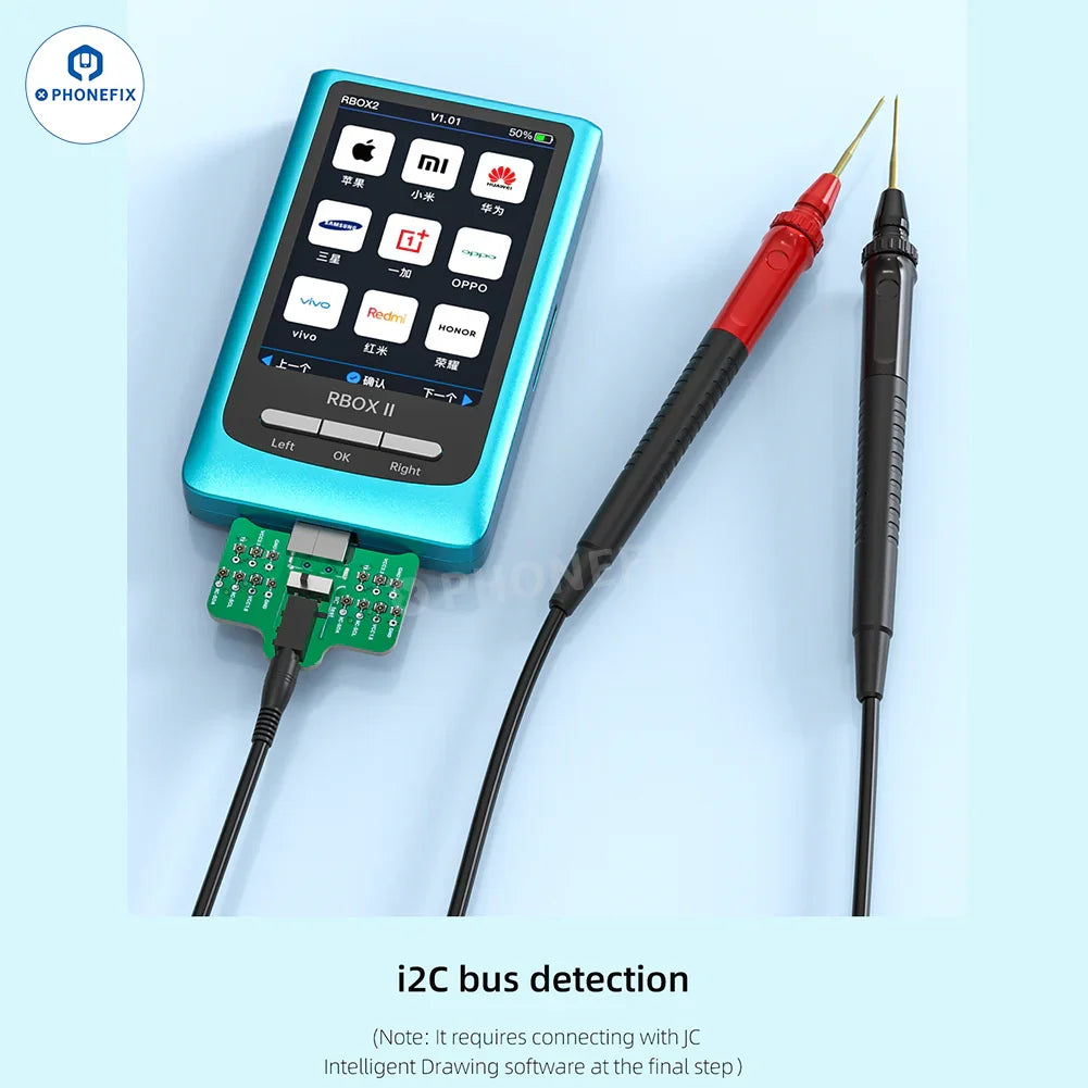 PHONEFIX JCID RBOX2 Bus Analyzer with JC Drawing Smart Diagnostics phone programmer device, shown with cables and interface.