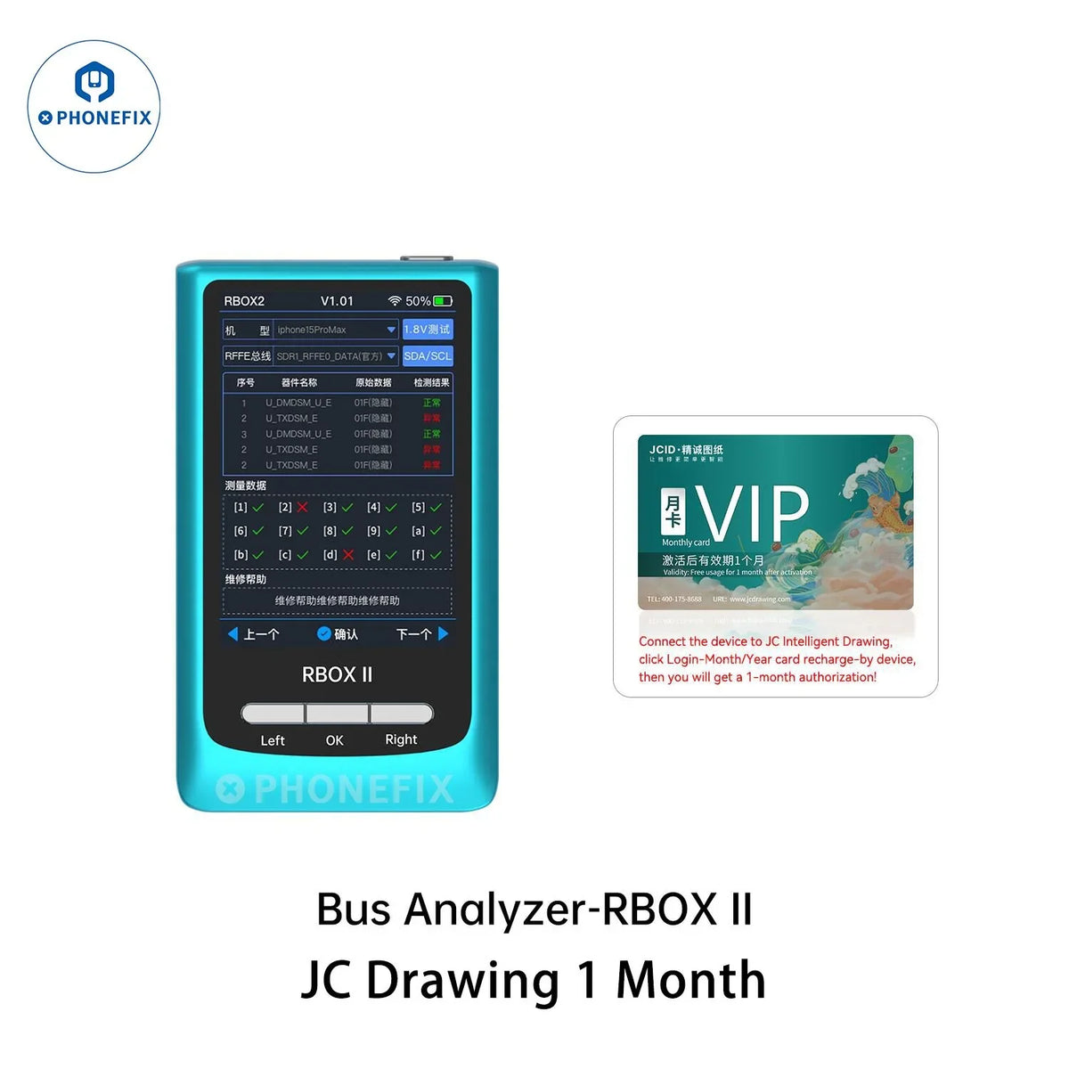 PHONEFIX JCID RBOX2 Bus Analyzer with JC Drawing Smart Diagnostics, phone programmer device with diagnostic display.