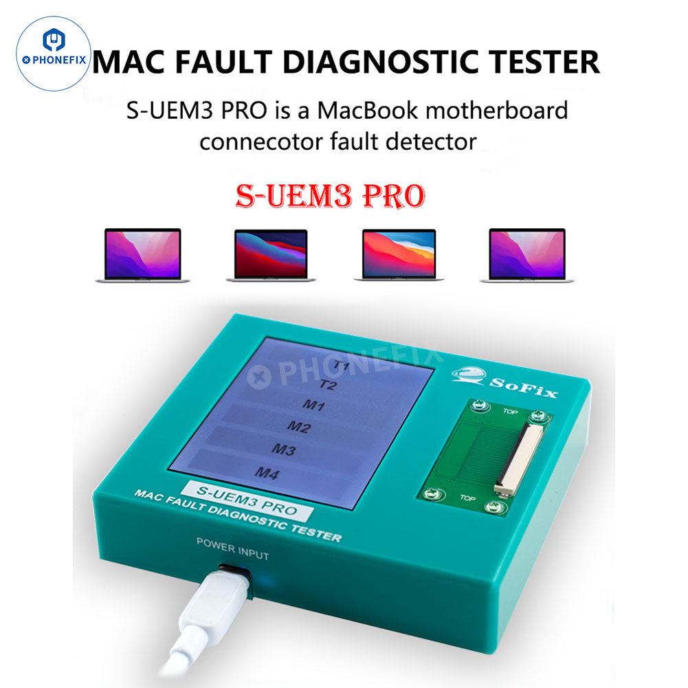 PhoneFIX S-UEM3 PRO MacBook motherboard interface fault diagnostic tester, showing device with testing ports and display screen.