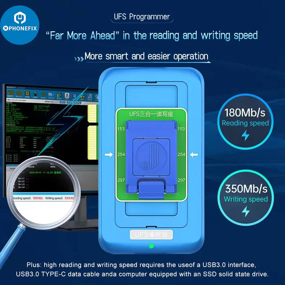 PHONEFIX JCID UFS Programmer U15 for BGA153/254/297, 3-in-1 phone programmer for read and write functions.