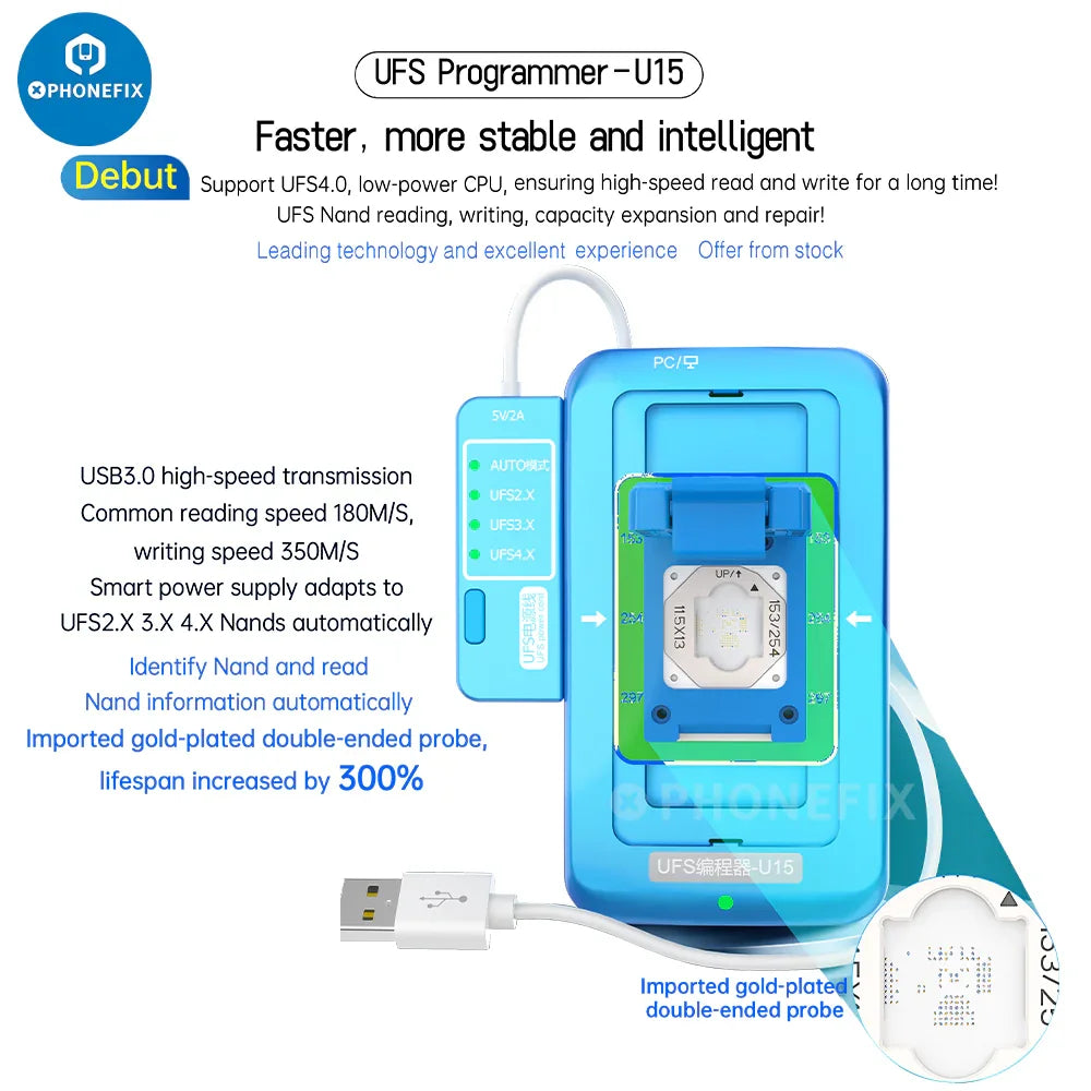 PHONEFIX JCID UFS Programmer U15 for BGA153/254/297, 3-in-1 read and write tool for phone chip programming.