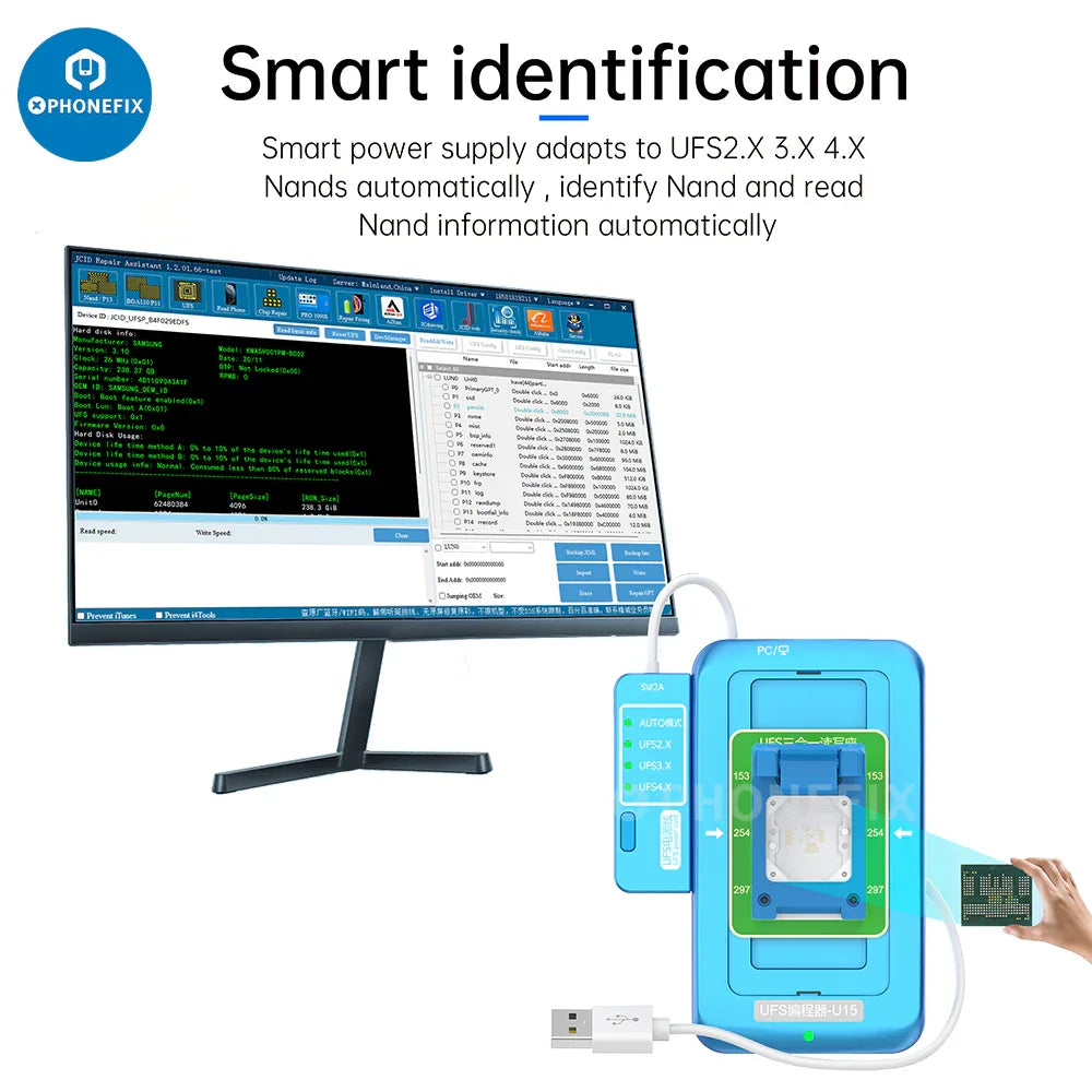 JCID UFS Programmer U15 by PHONEFIX, 3-in-1 read and write tool for BGA153, 254, and 297 chips, used for phone repair.