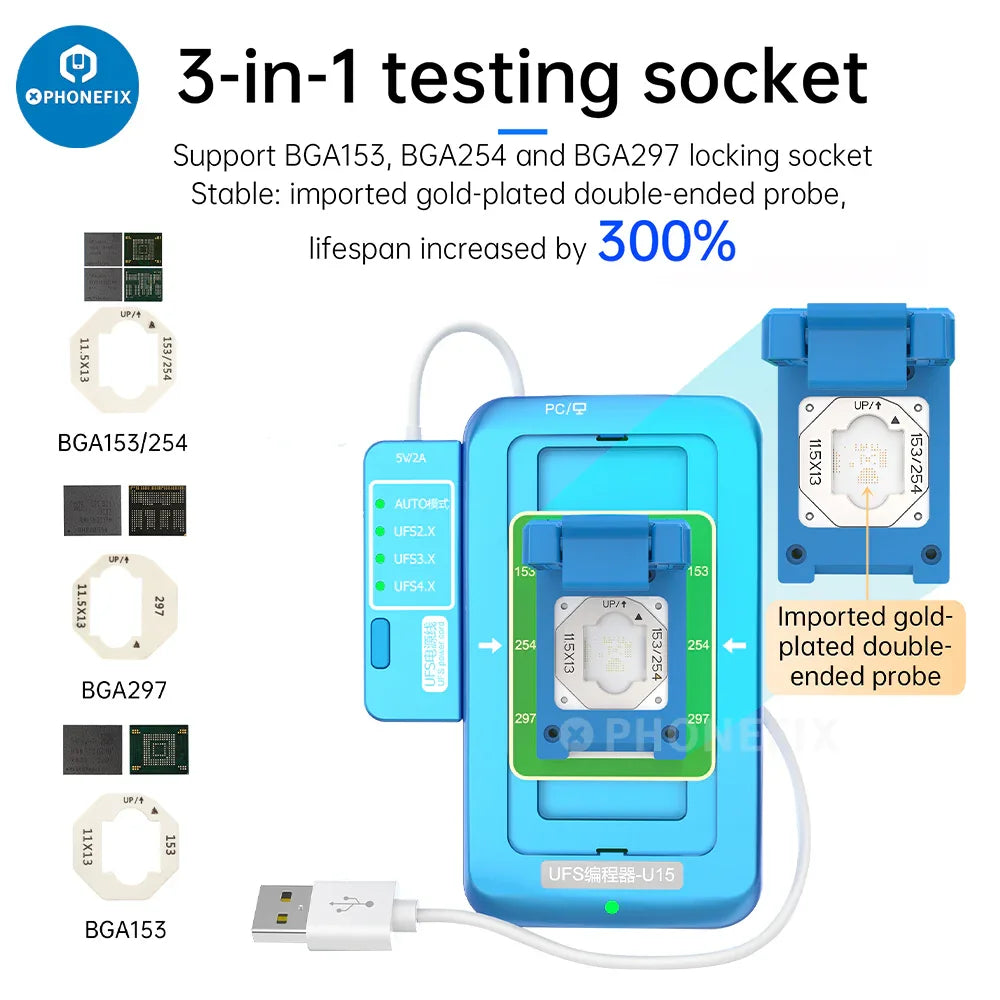 PHONEFIX JCID UFS Programmer U15 for BGA153/254/297 chips, 3-in-1 read and write tool for phone repair and data management.