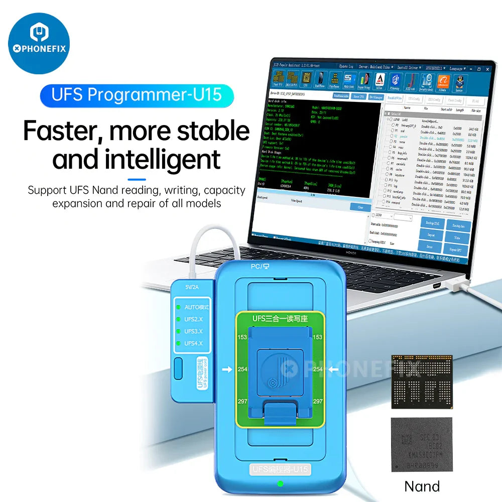 PhoneFix JCID UFS Programmer U15 for BGA153/254/297 chips, 3-in-1 read and write tool for phone repair and data management.
