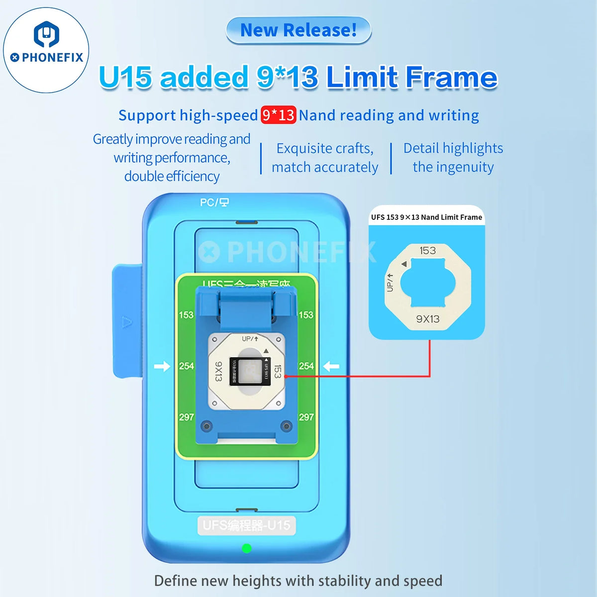 PHONEFIX JCID UFS Programmer U15 for BGA153/254/297, 3-in-1 phone read/write tool, shown in image U15.jpg.