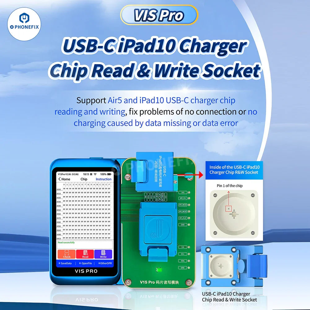 PhoneFIX V1S Pro USB-C iPad10 charger chip read/write socket with EEPROM module for phone programming and repair.