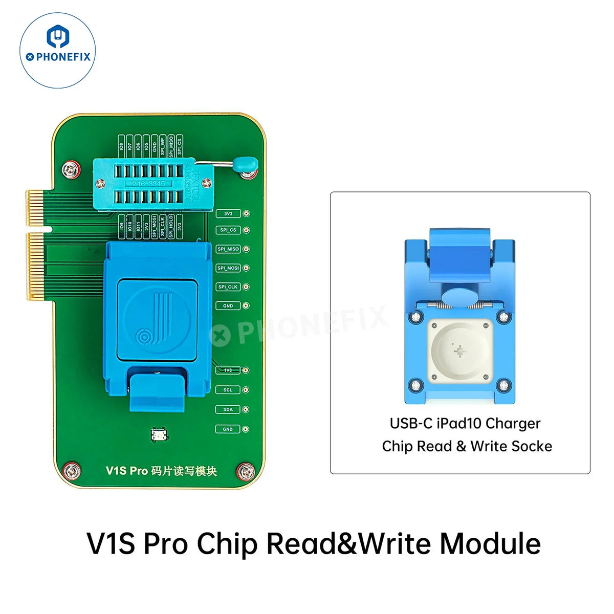 V1S Pro USB-C iPad 10 charger chip read-write socket with EEPROM module, phone programmer by PHONEFIX.