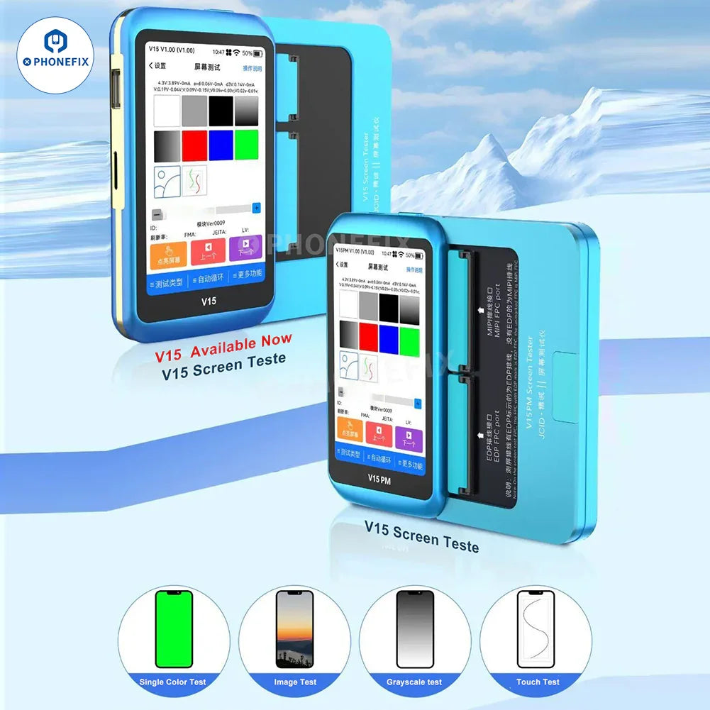 PHONEFIX JCID V15 V15PM phone programmer screen tester testing iPhone and Android device screens.