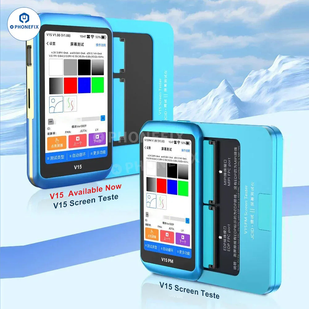 PhoneFix JCID V15 V15PM screen tester for iPhone and Android, showing device screen testing interface on a smartphone.
