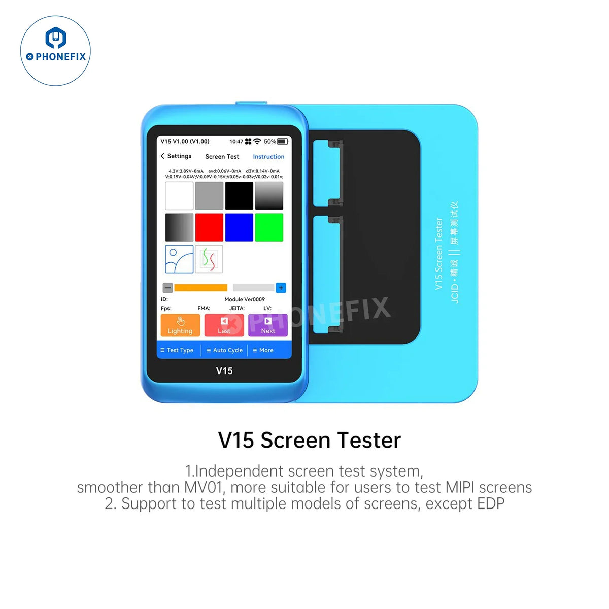 JCID V15PM phone screen tester for iPhone and Android screens, used for testing and diagnosing mobile device displays.