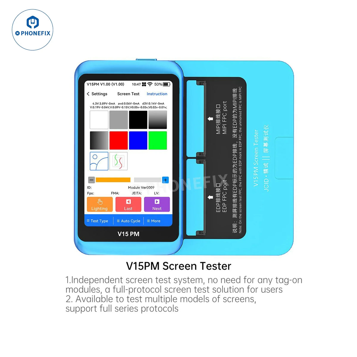 JCID V15PM screen tester for iPhone and Android phones, displaying testing interface on a smartphone screen.