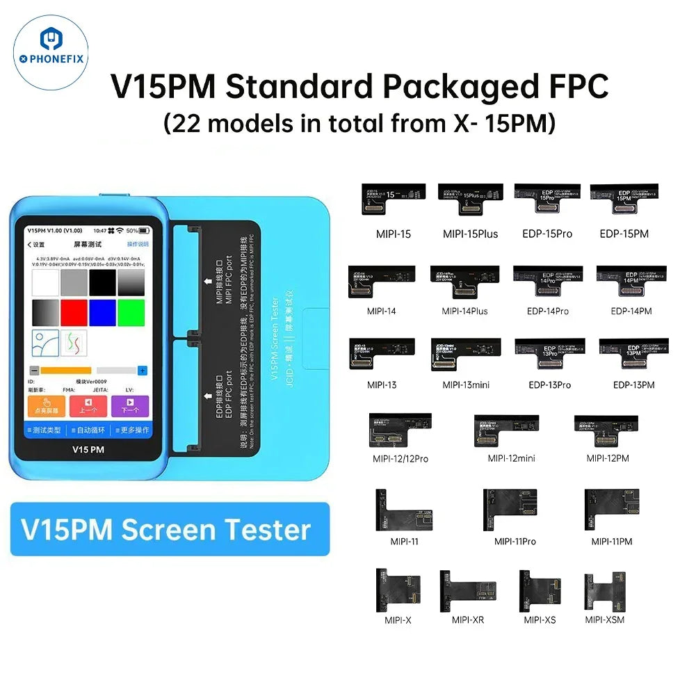 JCID V15PM phone programmer for iPhone and Android screens testing, showing the device with screen testing interface.