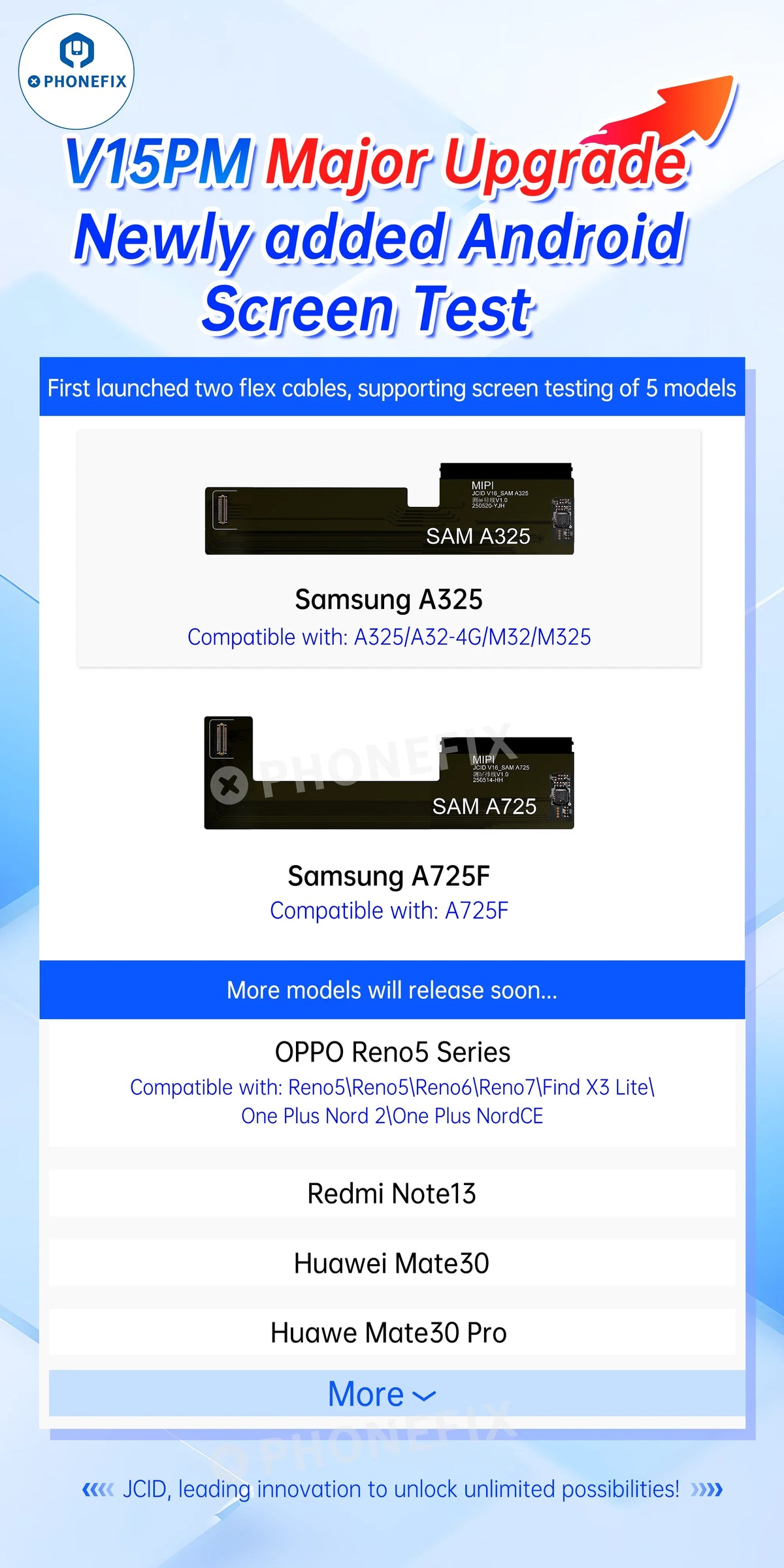 PHONEFIX JCID V15 V15PM screen tester for iPhone and Android phones, used for testing and diagnosing smartphone screens.