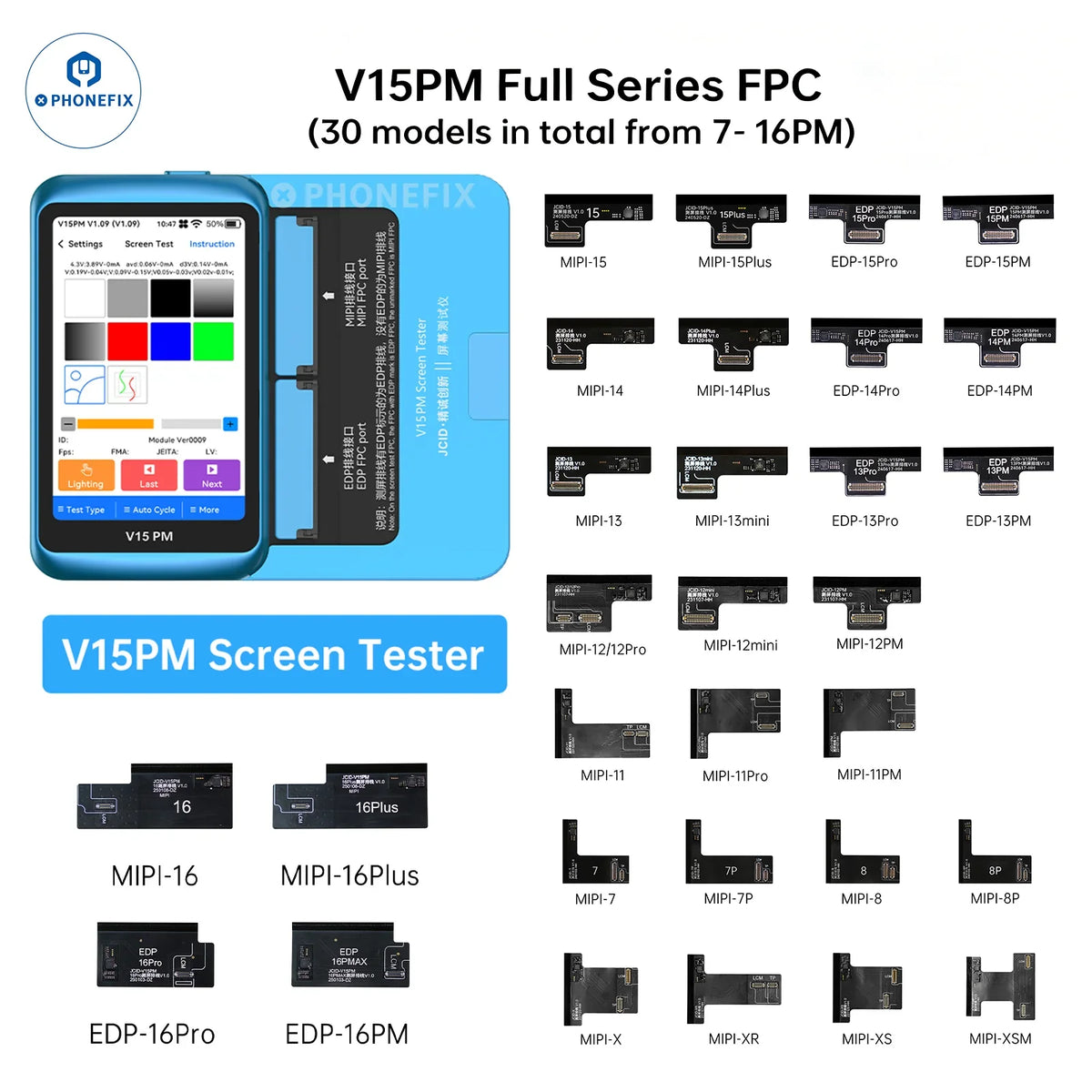 JCID V15PM phone programmer and screen tester for iPhone and Android screens, shown with testing device and screen sample.