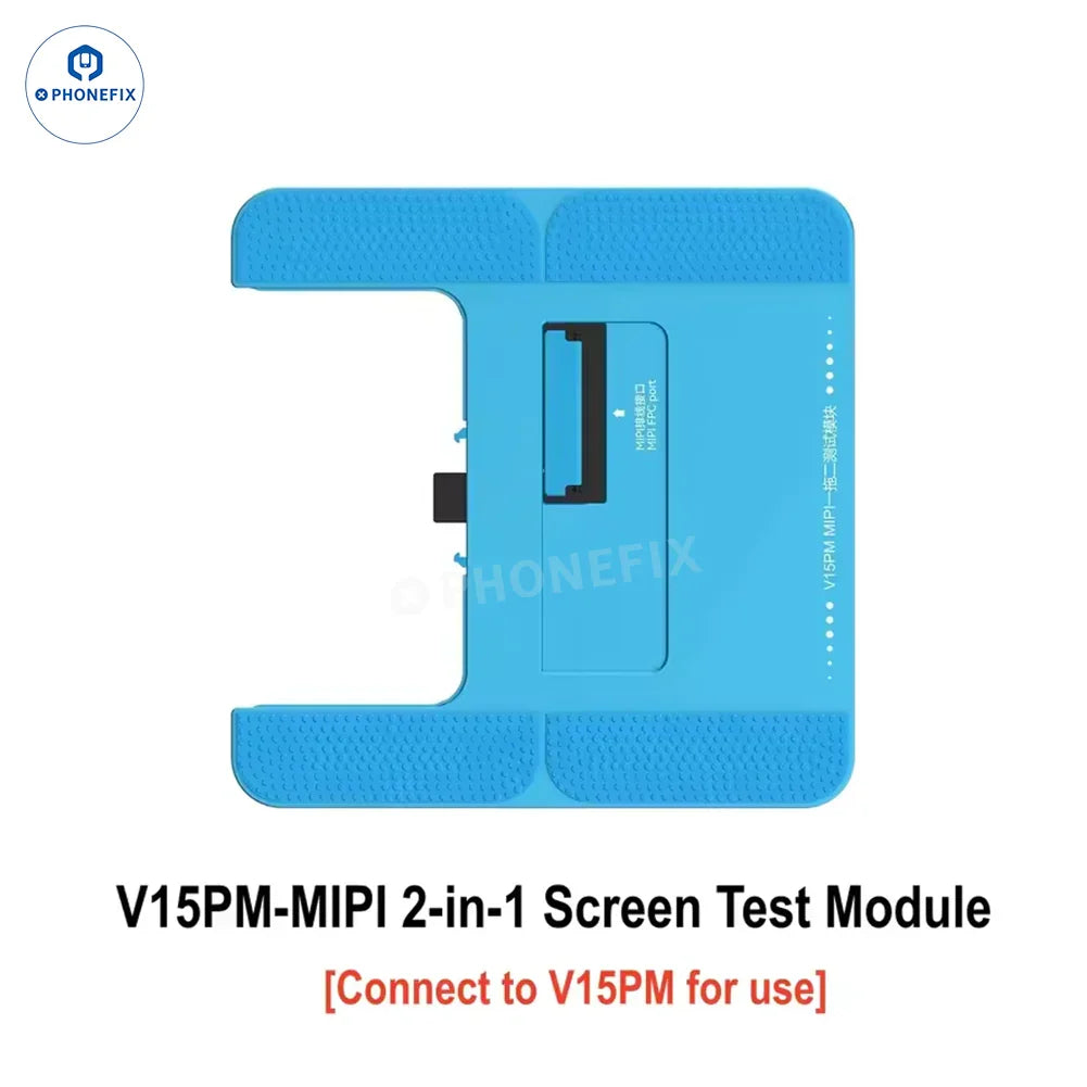 PHONEFIX JCID V15 V15PM screen tester for iPhone and Android, showing testing interface on the MIPI 2-in-1 device.