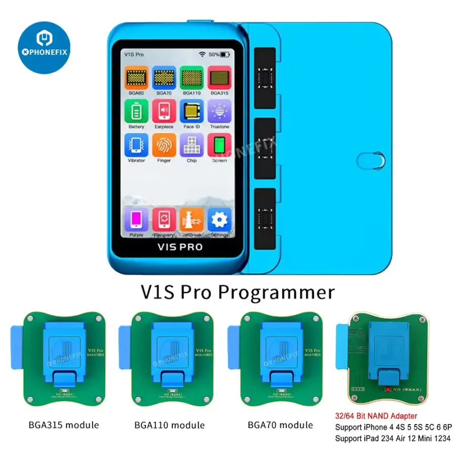 JCID V1S PRO phone programmer by PHONEFIX for BGA315, BGA110, BGA70 chips on iPhone and iPad devices, shown in the image.