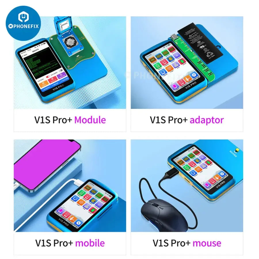 JCID V1S PRO phone programmer by PHONEFIX for BGA315, BGA110, BGA70 chips on iPhone and iPad circuit boards.
