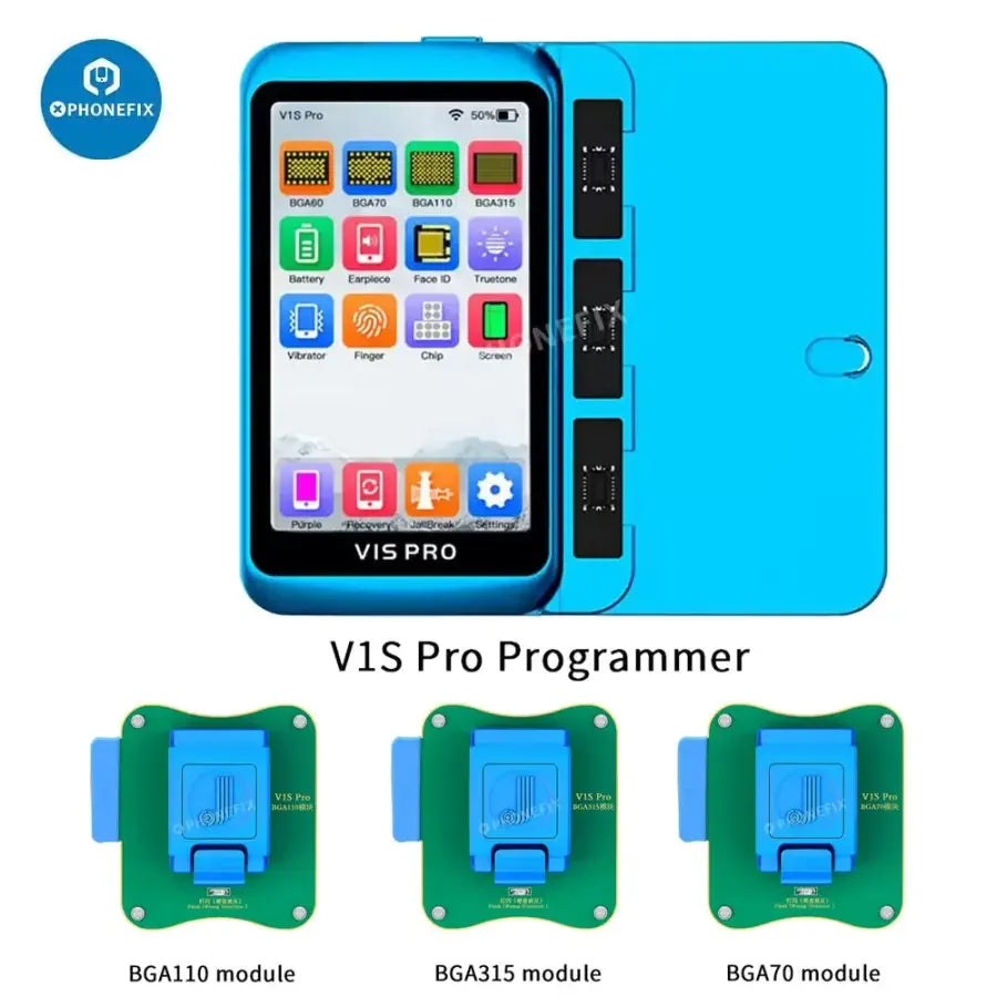 JCID V1S PRO phone programmer by PHONEFIX with BGA315, BGA110, BGA70 chips for iPhone and iPad repair.