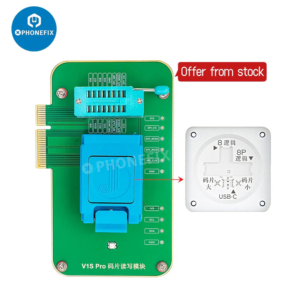 PhoneFix JCID V1S PRO programmer for iPhone and iPad, BGA315, BGA110, BGA70 chip compatibility, electronic repair tool.
