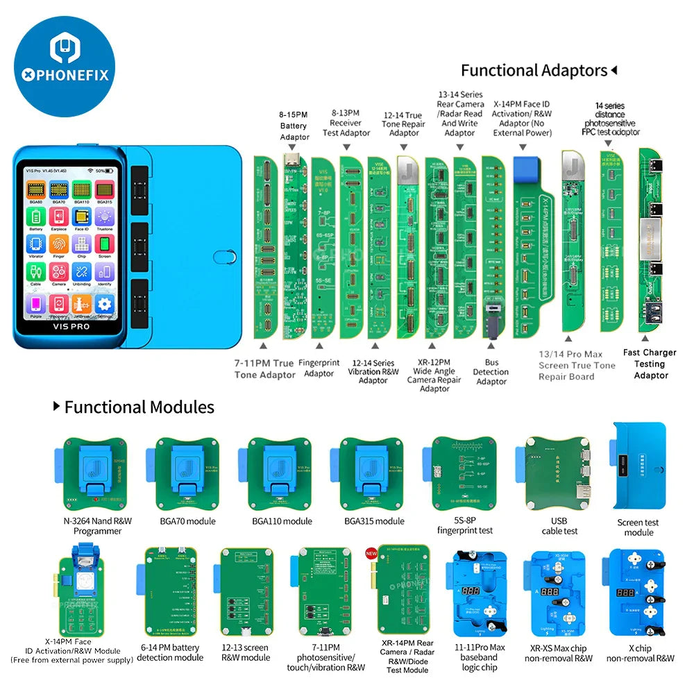 PHONEFIX JCID V1S PRO phone programmer with BGA315, BGA110, BGA70 chips for iPhone and iPad repair.
