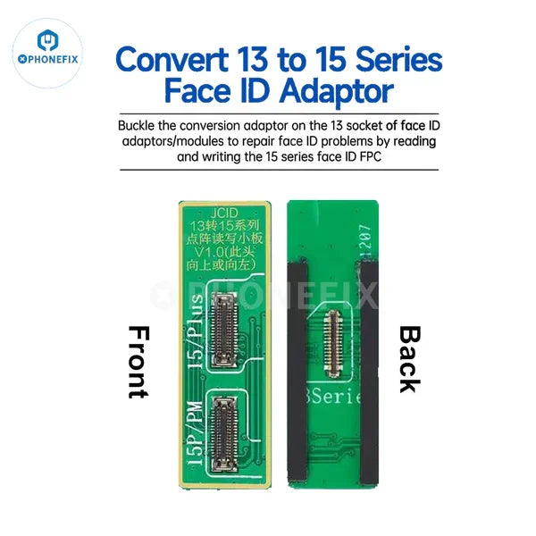 PhoneFix JCID V1S PRO programmer for iPhone and iPad with BGA support, showing a close-up of Face ID component on the device.