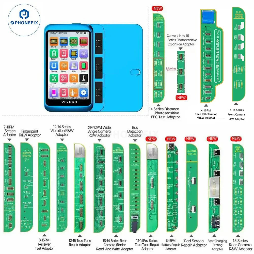 JCID V1S PRO Phone Programmer by PHONEFIX with 17-piece BGA repair kit for iPhone and iPad models, featuring BGA315, BGA110, and BGA70 chips.