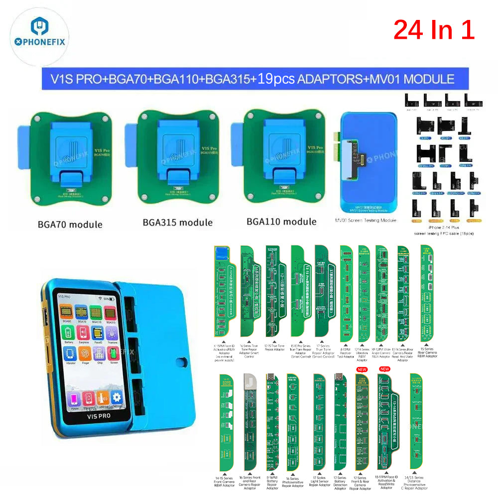 JCID V1S PRO phone programmer for iPhone and iPad, supports BGA315, BGA110, BGA70 chip types, shown in the image.
