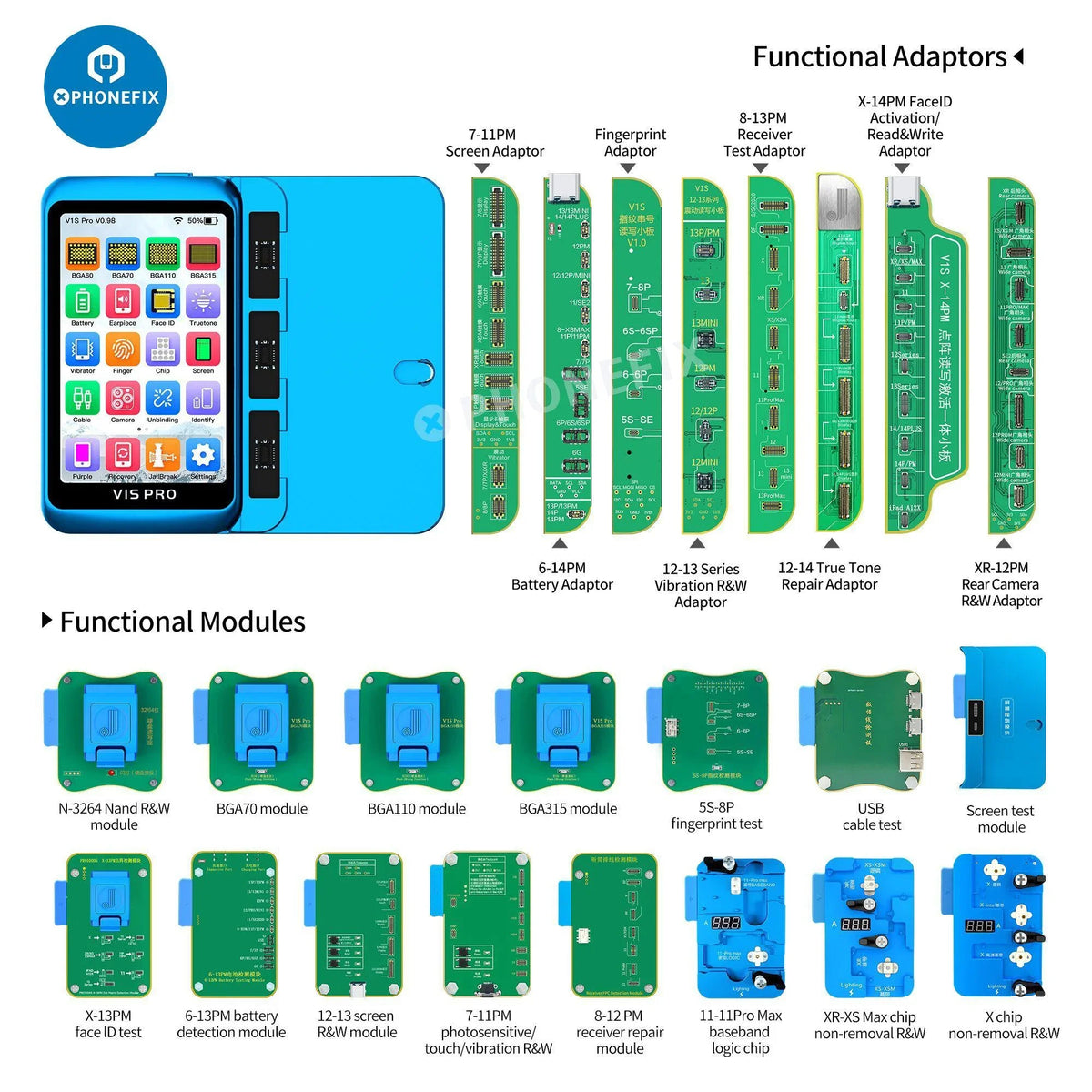 JCID V1S PRO phone programmer with multifunction iPhone repair module by PHONEFIX, showing device and repair tools.
