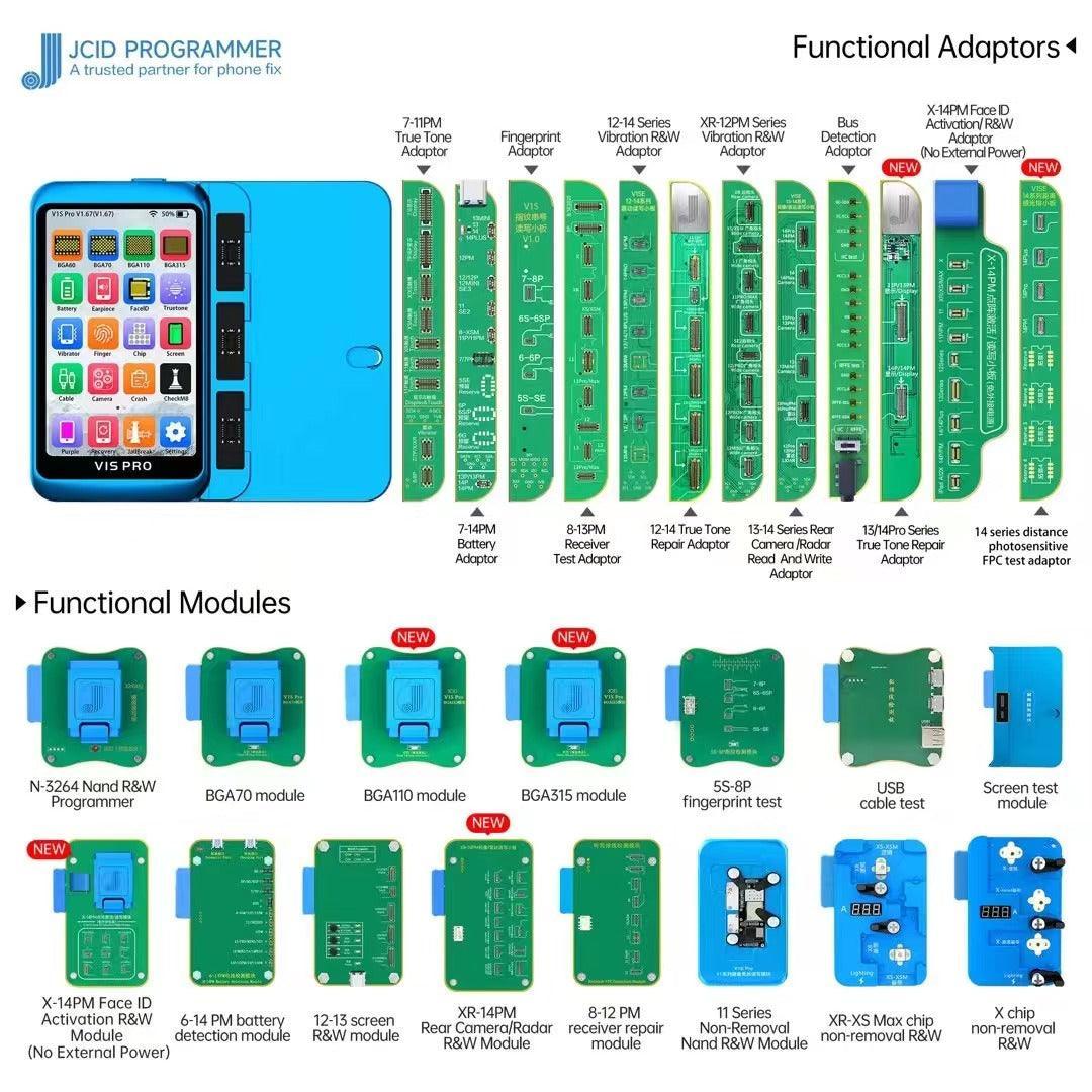 PhoneFix JCID V1S PRO phone programmer with multifunction iPhone repair module, showing device interface and connection ports.
