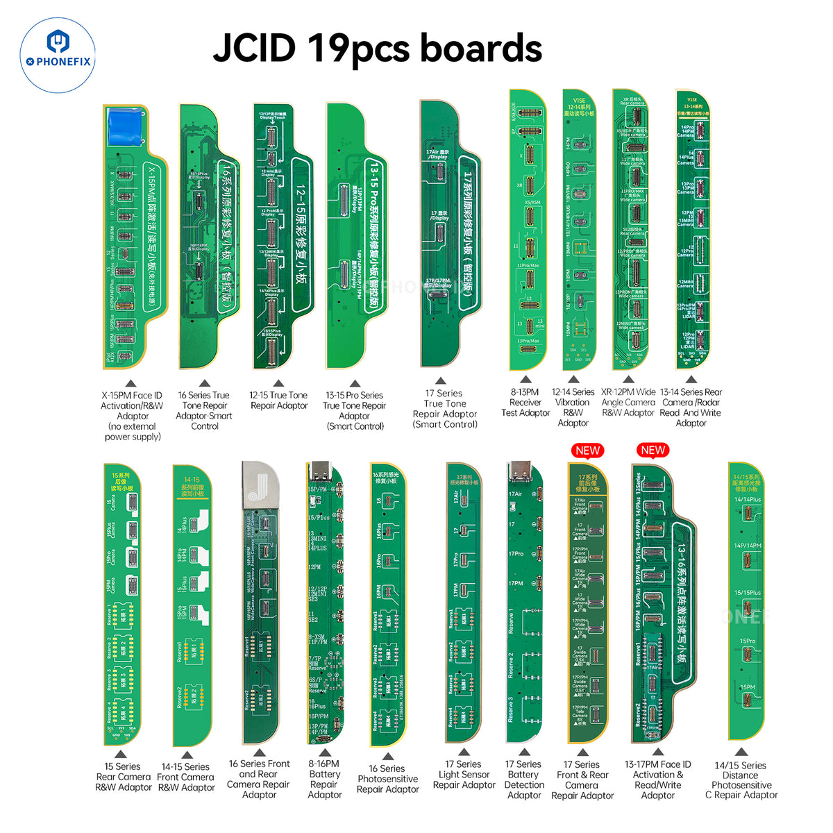 JCID V1S PRO phone programmer with multifunction iPhone repair module and 19 PCBs for device programming and repair.