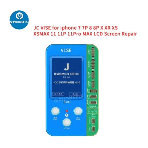 PHONEFIX JC V1SE Restore True Tone Programmer for iPhone 7 to 16 Plus screen repair, shown connected to an iPhone device.