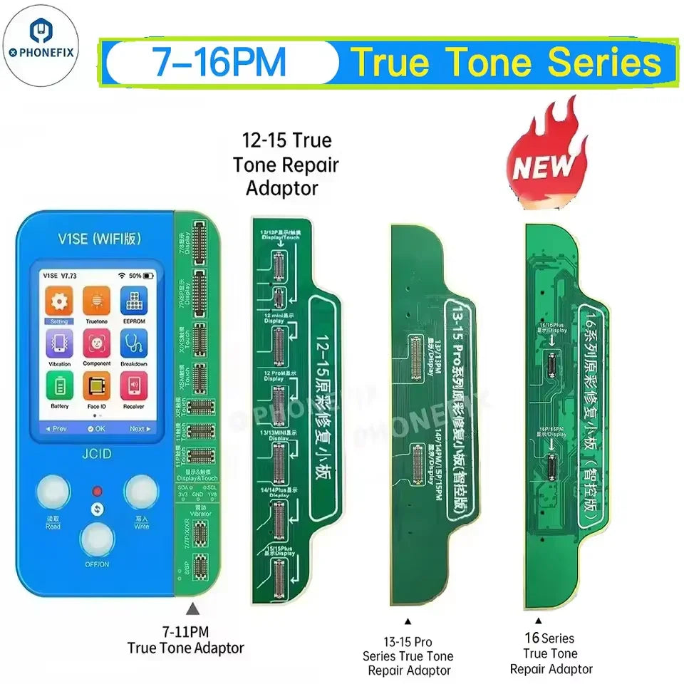 PHONEFIX JC V1SE Restore True Tone Programmer for iPhone 7-16 Plus screen, showing device interface on screen.