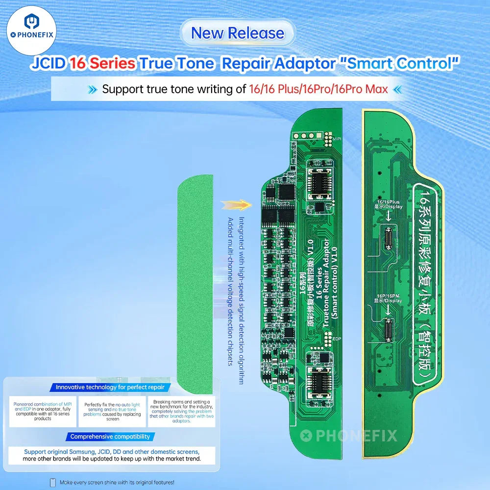 PHONEFIX JC V1SE Restore True Tone Programmer for iPhone 7-16 Plus screen, showing the device's LCD display and programming interface.