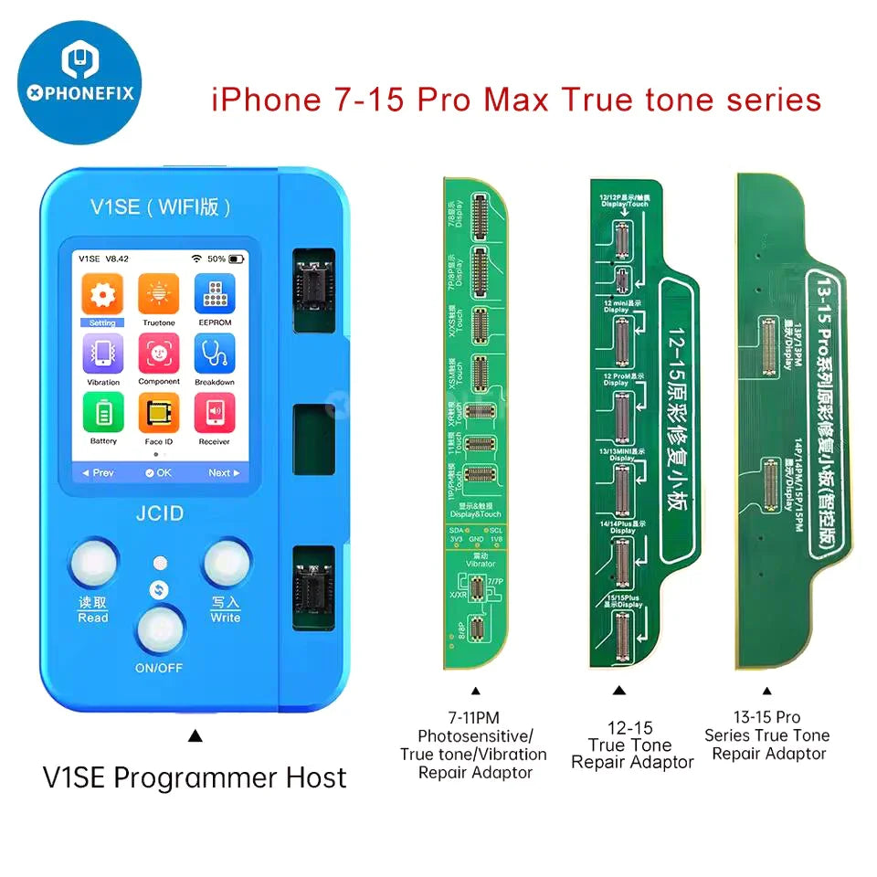 PhoneFix JC V1SE Restore True Tone Programmer for iPhone 7-16 Plus screens, showing the device connected with cables and screen calibration tools.