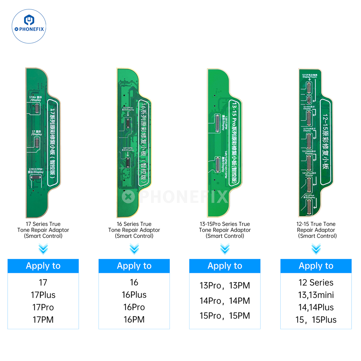JC V1SE Restore True Tone programmer for iPhone 7-16 Plus screen, showing the PHONEFIX phone programmer device and circuit board.
