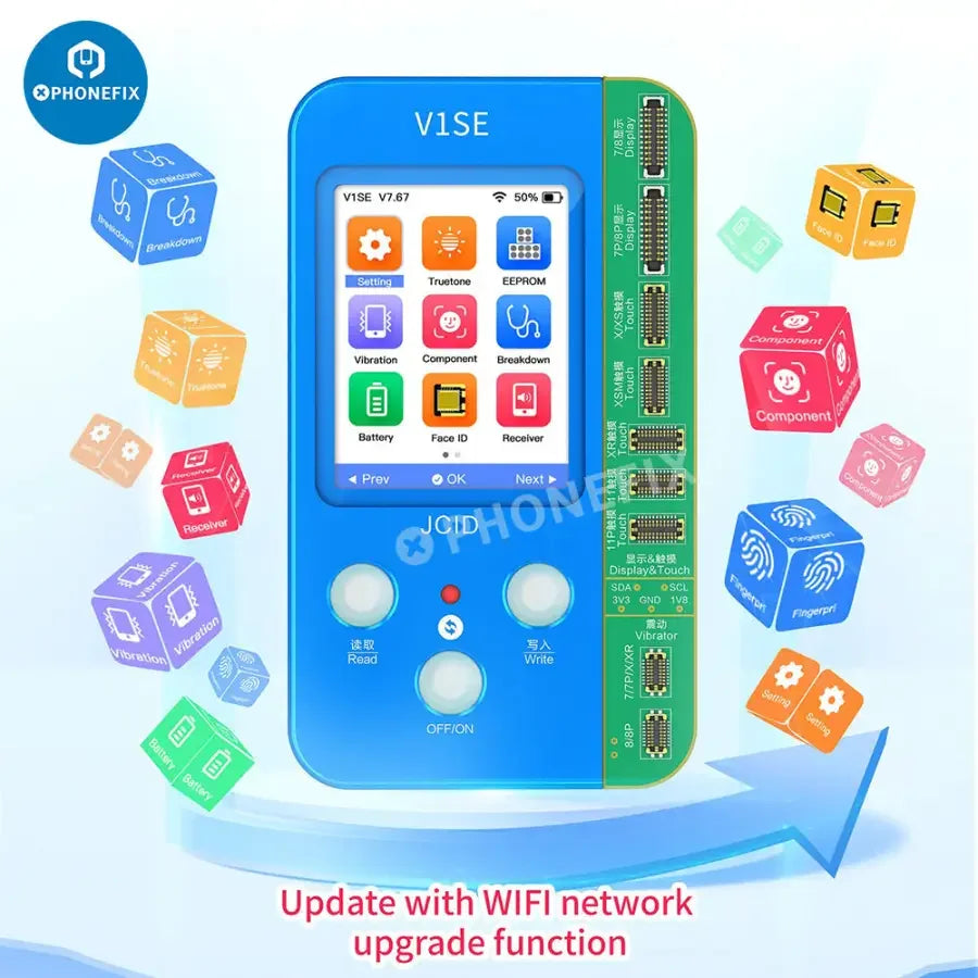 JC V1SE Phone Programmer for iPhone screen, battery, and Face ID repair by PHONEFIX, used for iPhone repair technicians.
