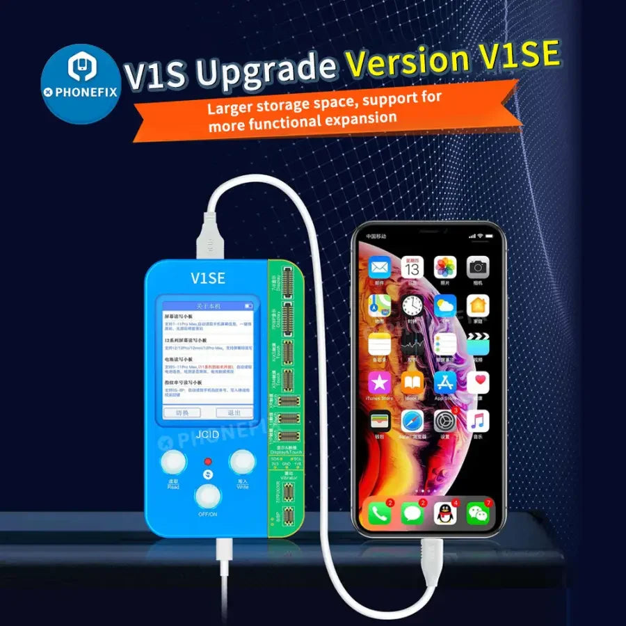 JC V1SE Phone Programmer for iPhone screen, battery, and Face ID repair by PHONEFIX, used for iPhone diagnostics and repairs.
