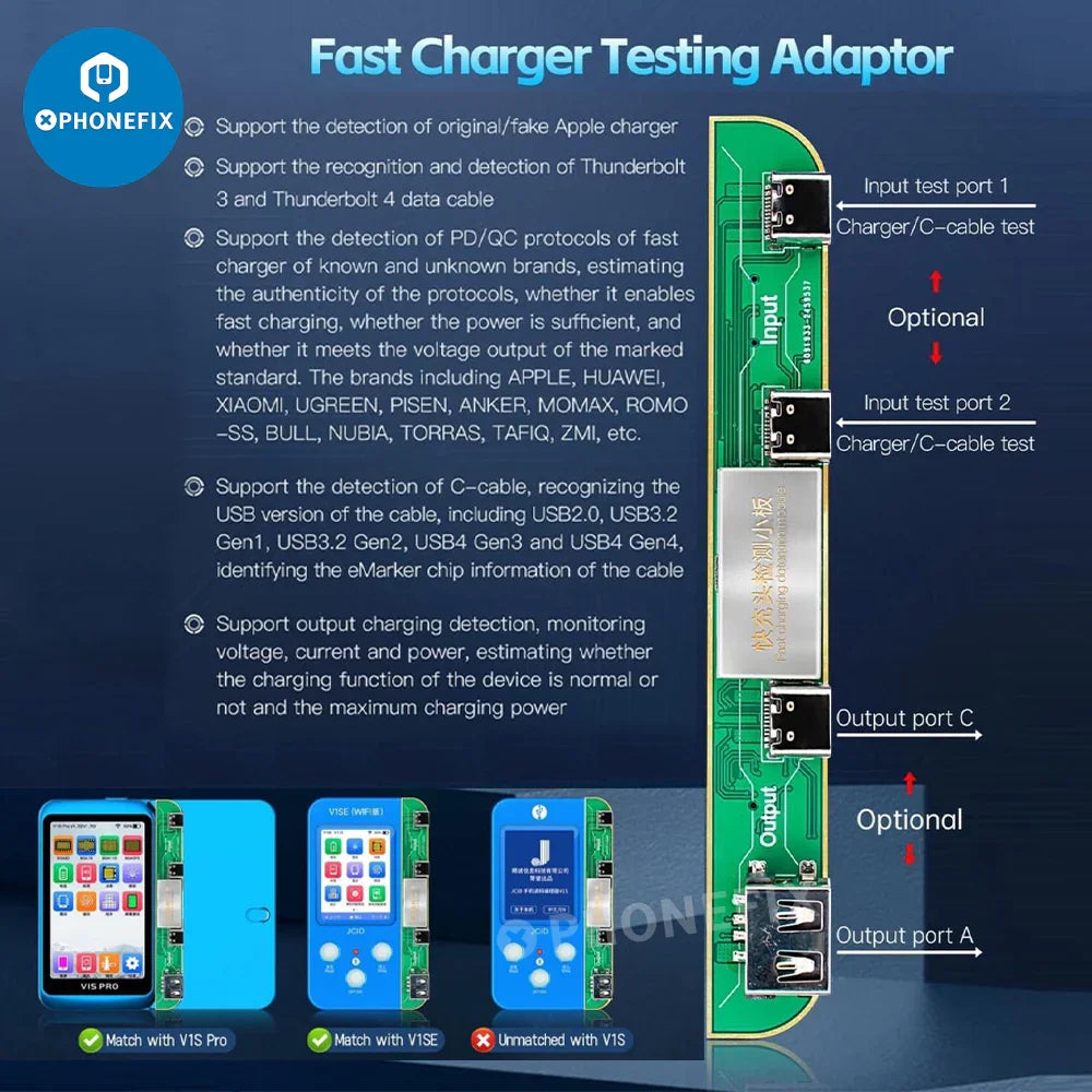 PHONEFIX JC V1SE phone programmer for iPhone screen, battery, Face ID repair, with fast charging feature visible in the image.