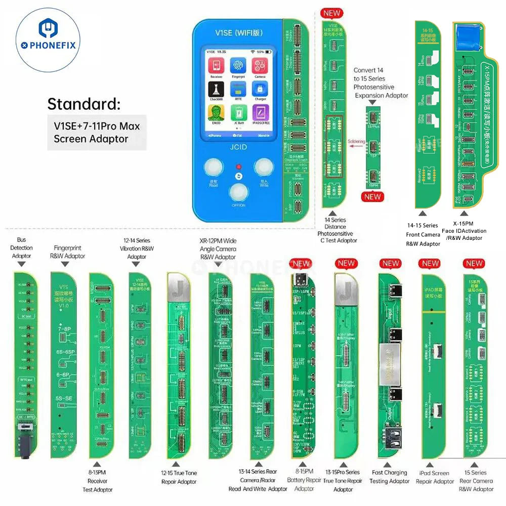JC V1SE Phone Programmer by PHONEFIX for iPhone screen, battery, and Face ID repairs, featuring 17-in-1 functionality.