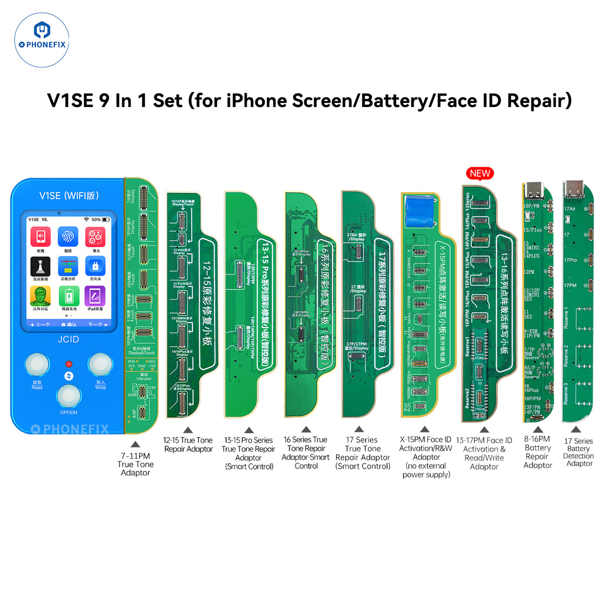 PHONEFIX JC V1SE 9-in-1 iPhone screen, battery, and Face ID repair programmer showing device connections and interface.