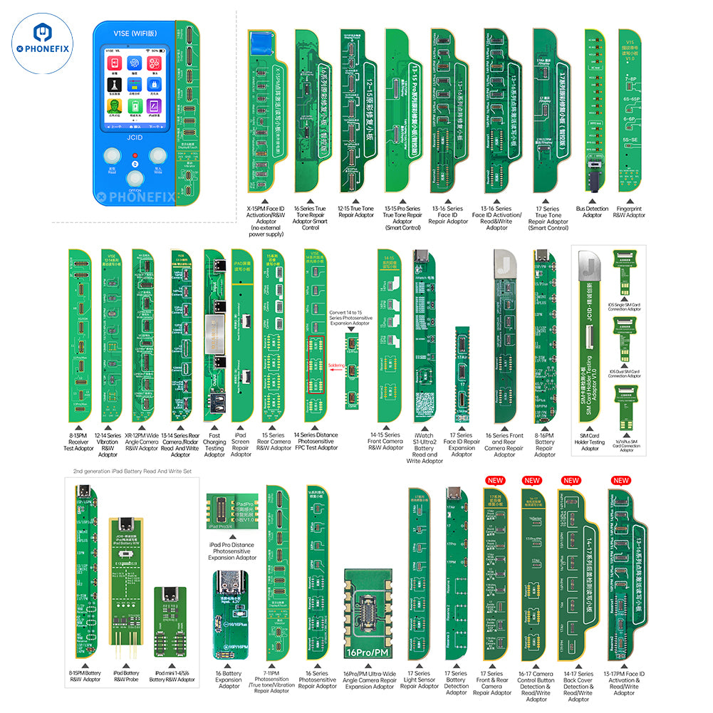 JC V1SE phone programmer for iPhone screen, battery, and Face ID repair by PHONEFIX, shown with tools and components.