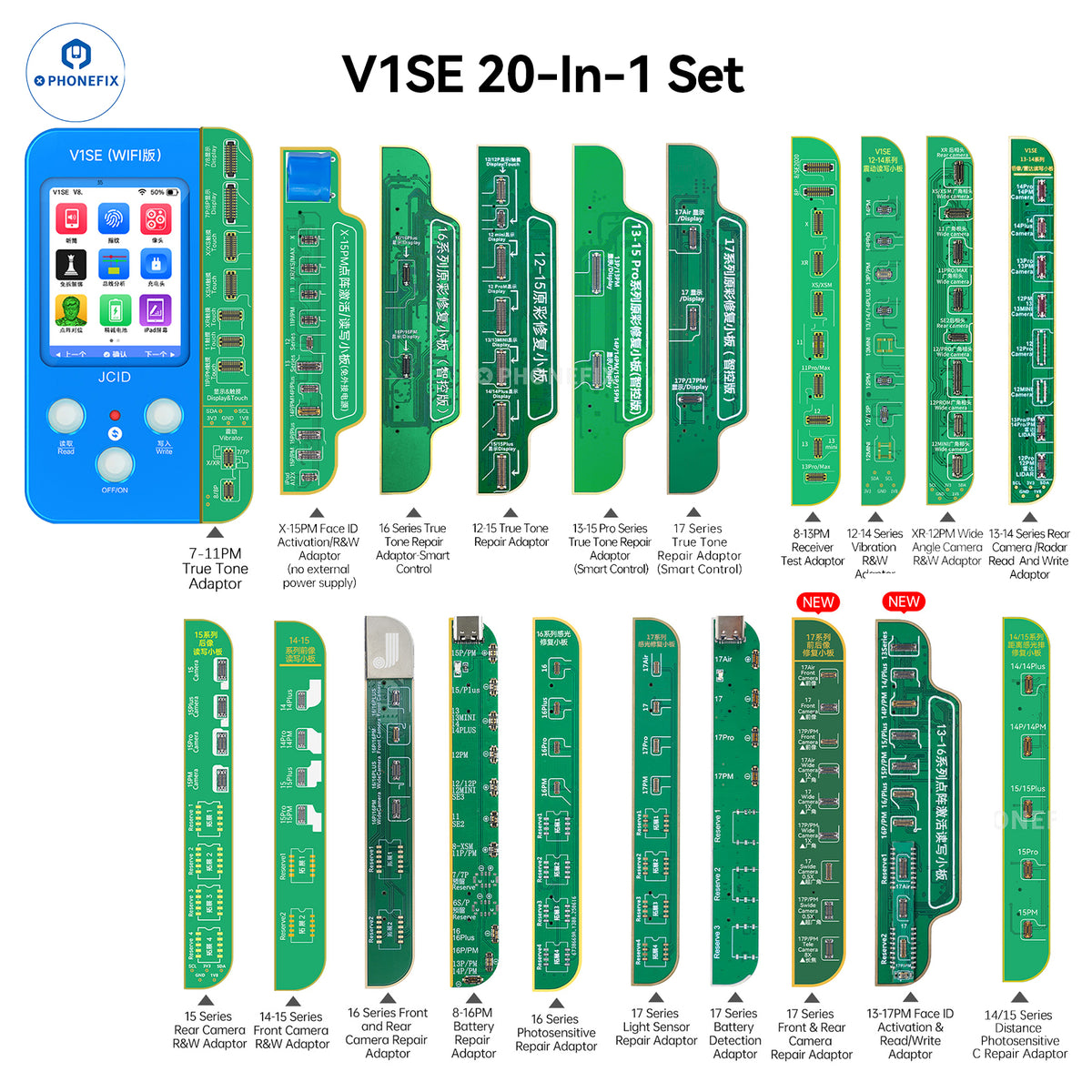 PHONEFIX JC V1SE 20-in-1 iPhone screen, battery, and Face ID repair programmer for phone diagnostics and repairs.