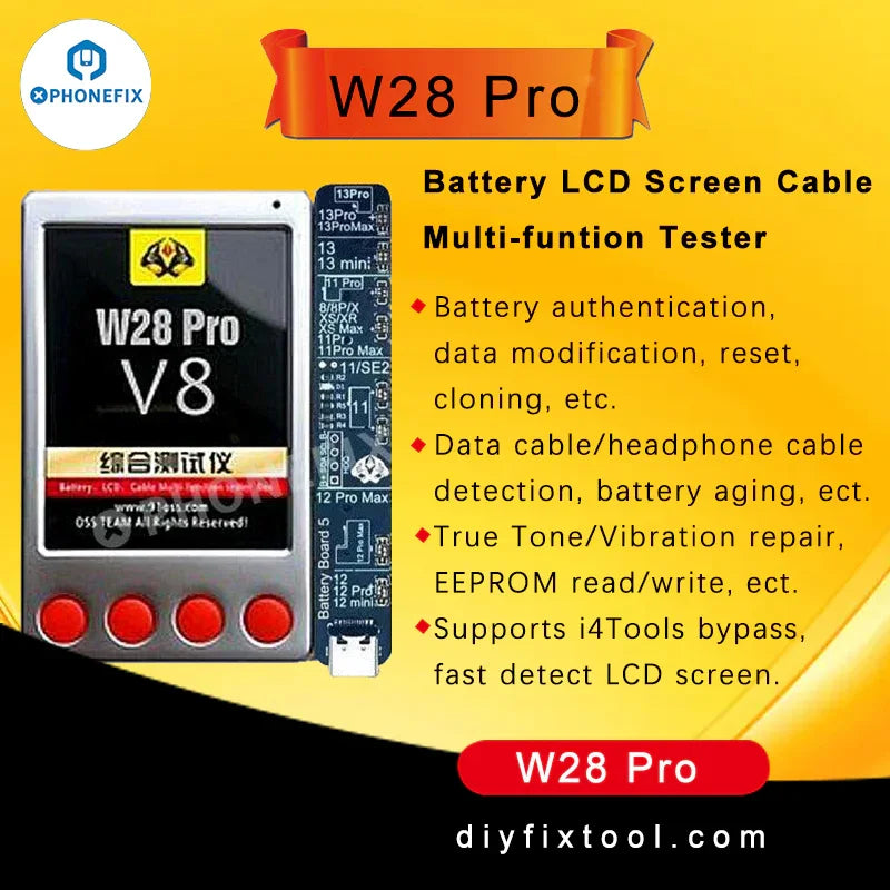 W28 Pro Screen Battery Tester for iPhone, iPad, Apple Watch, and Android devices by PHONEFIX, showing device screens and testing interface.