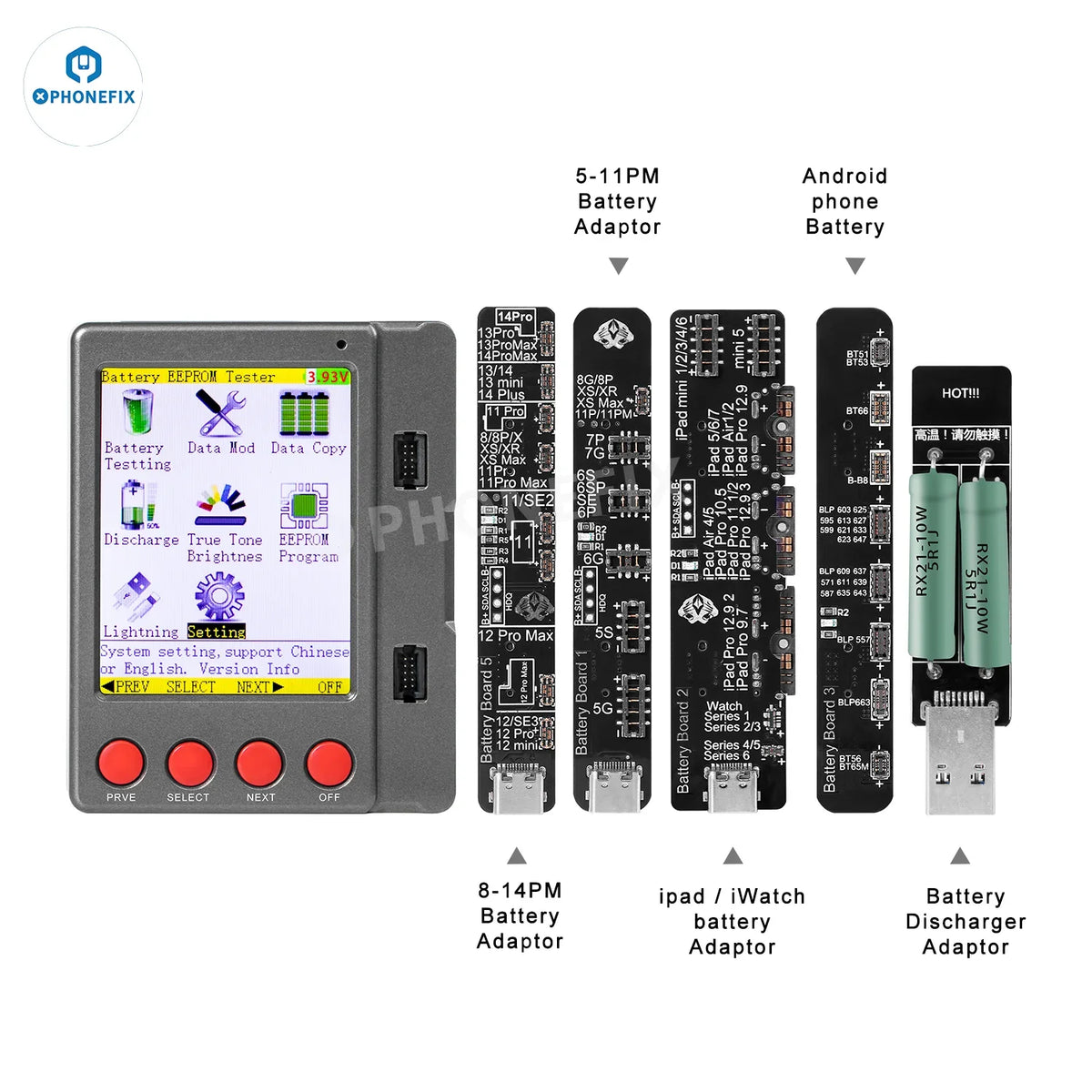 PHONEFIX W28 Pro screen battery tester for iPhone, iPad, Apple Watch, and Android devices, showing device diagnostics on the screen.