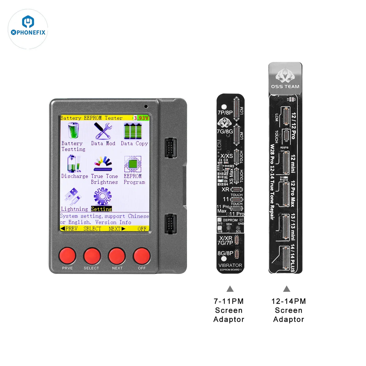 PHONEFIX W28 Pro screen battery tester for iPhone, iPad, Apple Watch, and Android devices, showing testing interface on the device screen.