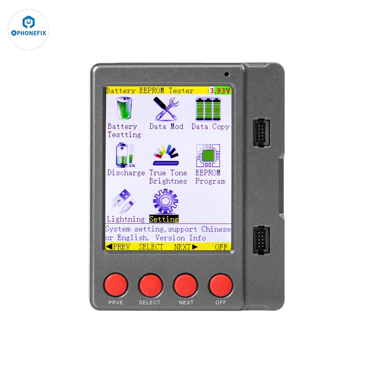 PHONEFIX W28 Pro screen battery tester for iPhone, iPad, Apple Watch, and Android devices, showing device screen and testing interface.