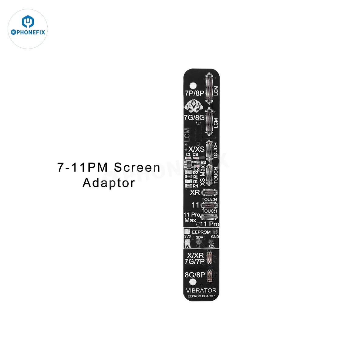 PHONEFIX W28 Pro screen battery tester for iPhone, iPad, Apple Watch, and Android devices, showing device connection on the screen.